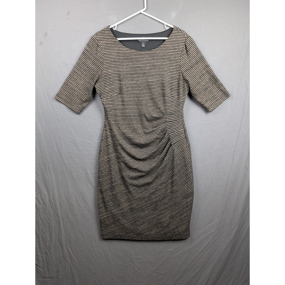 Connected Apparel Brown Striped Sheath Dress Size 12 Short Sleeve Ruched
